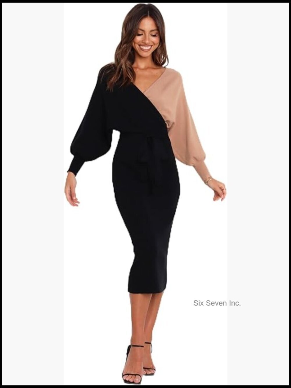 Bodycon Knit Dress Midi Length Overlay V Neckline Long Sleeve
